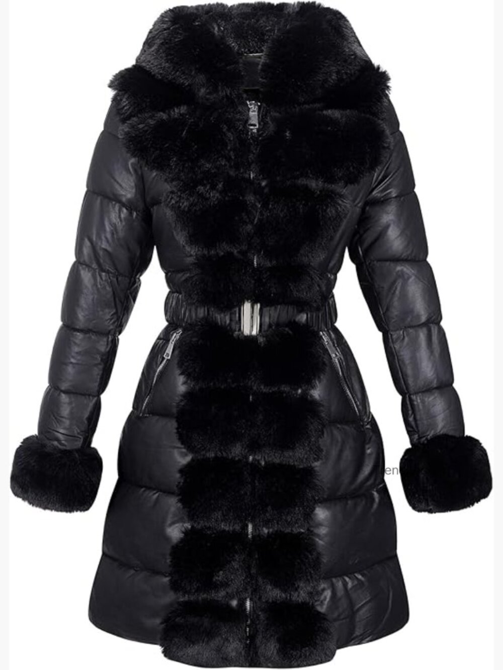 Warm Winter Puffer Jacket with Faux Fur Hooded Collar Long Leather Overcoat